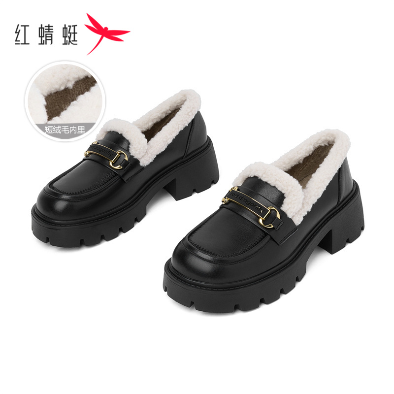 红蜻蜓女士时尚百搭甜美仙女风厚底加绒保暖秋冬季短绒圆头乐福鞋