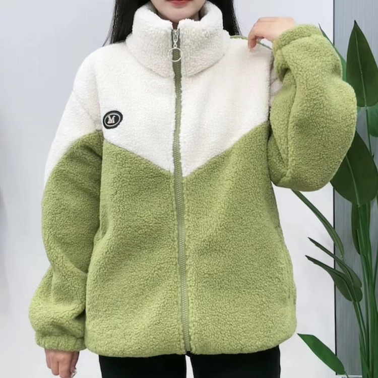 新款冬季撞色拼接颗粒绒加绒加厚保暖立领休闲时尚百搭外套666