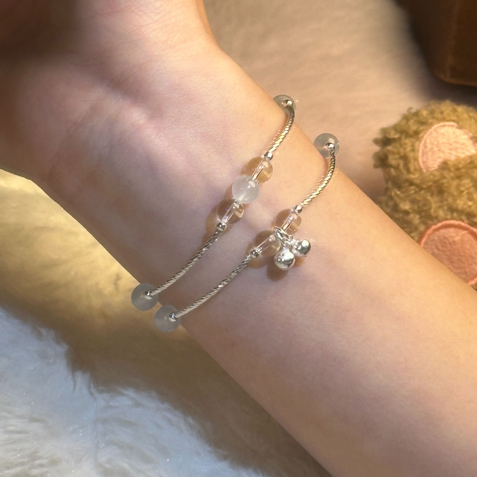 海蓝宝银铃铛s925银弯管铃铛单圈手链少女小众新中式风ins学生