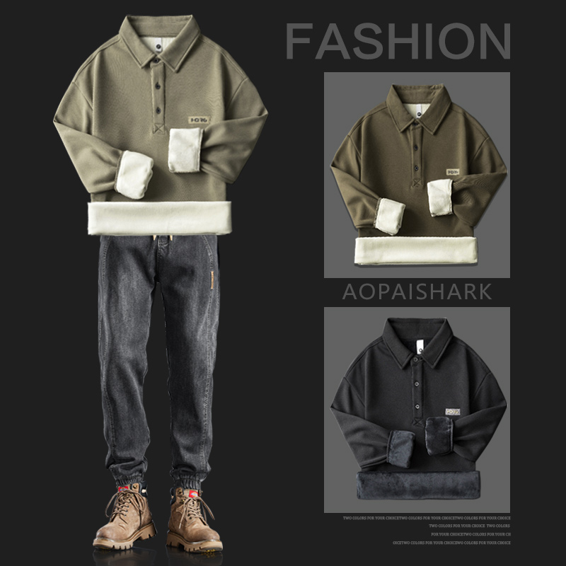 男款休闲套装冬季新品加绒加厚防寒牛仔裤翻领带绒长袖宽松POLO衫