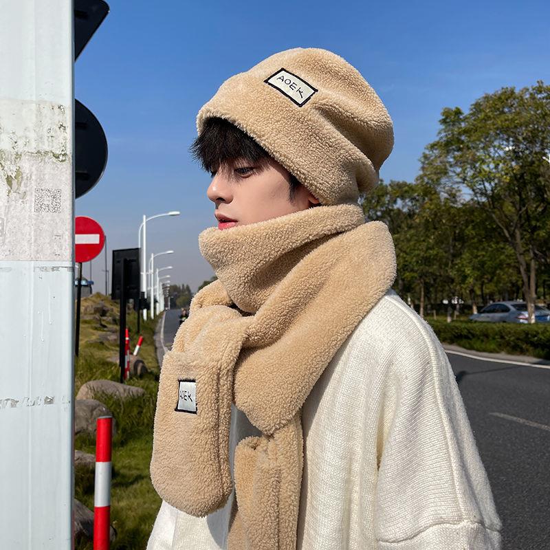 帽子男冬天韩版潮牌学生保暖加绒围巾男士冬季二件套加厚冷帽男款