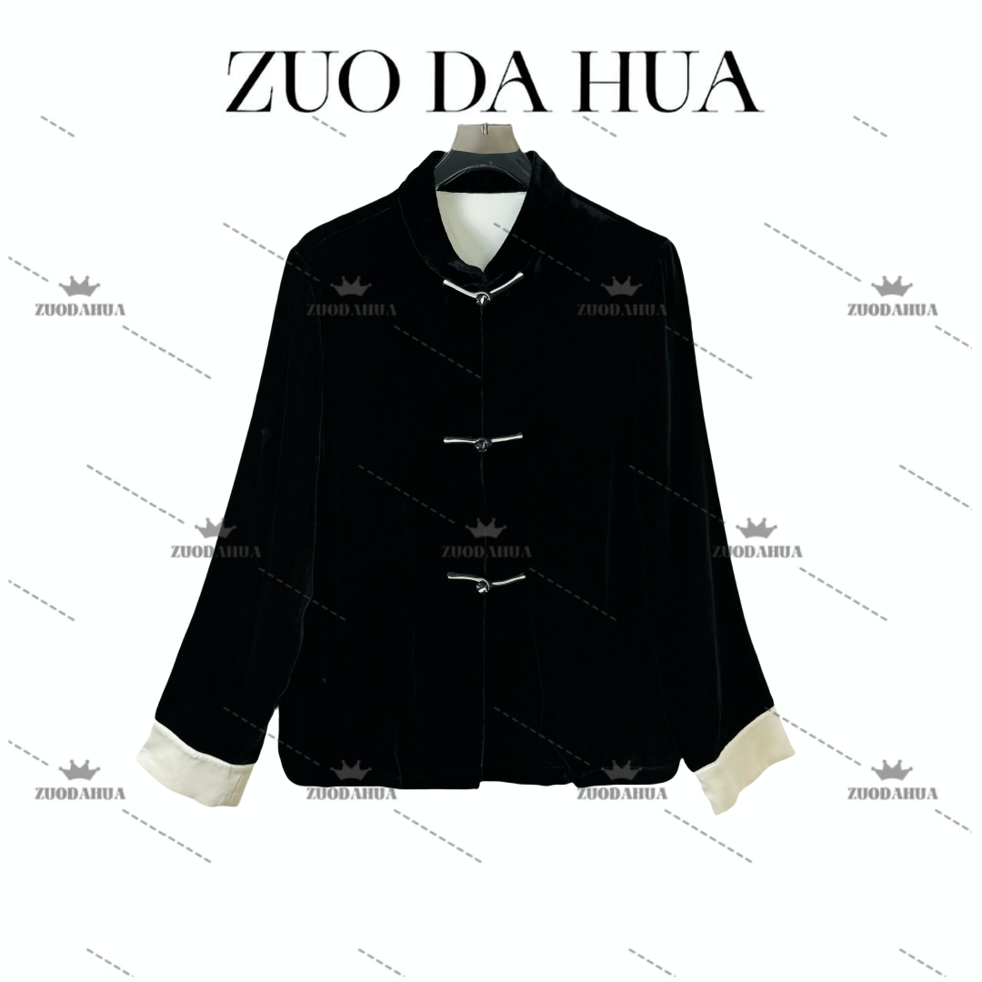 左大花  国风盘扣黑色丝绒短外套女秋季新中式高级感真丝丝绒上衣
