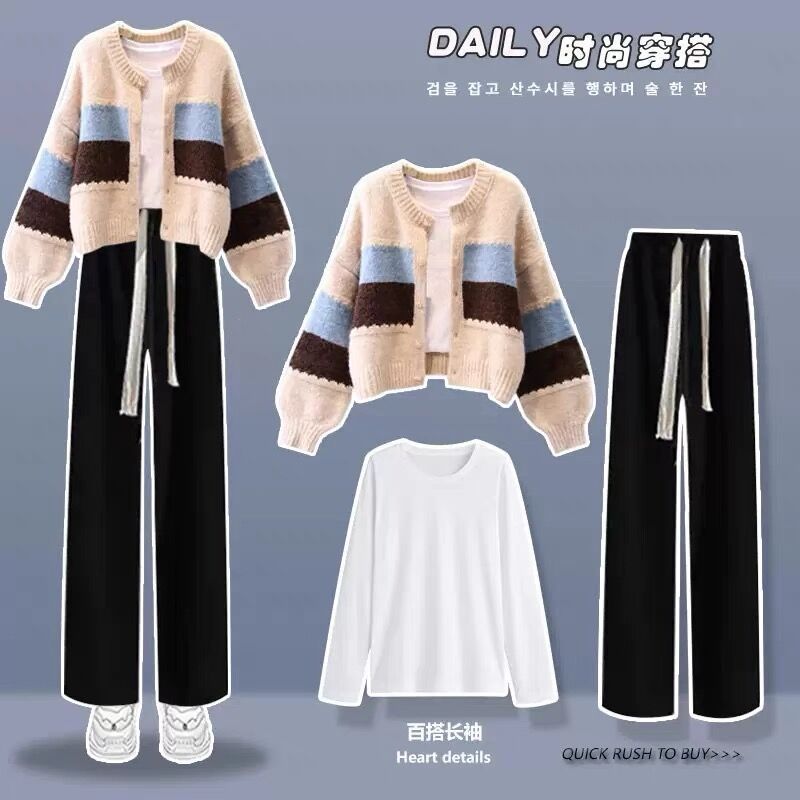 2023新款小个子港风复古盐系炸街穿搭秋季女套装裤针织开衫三件套