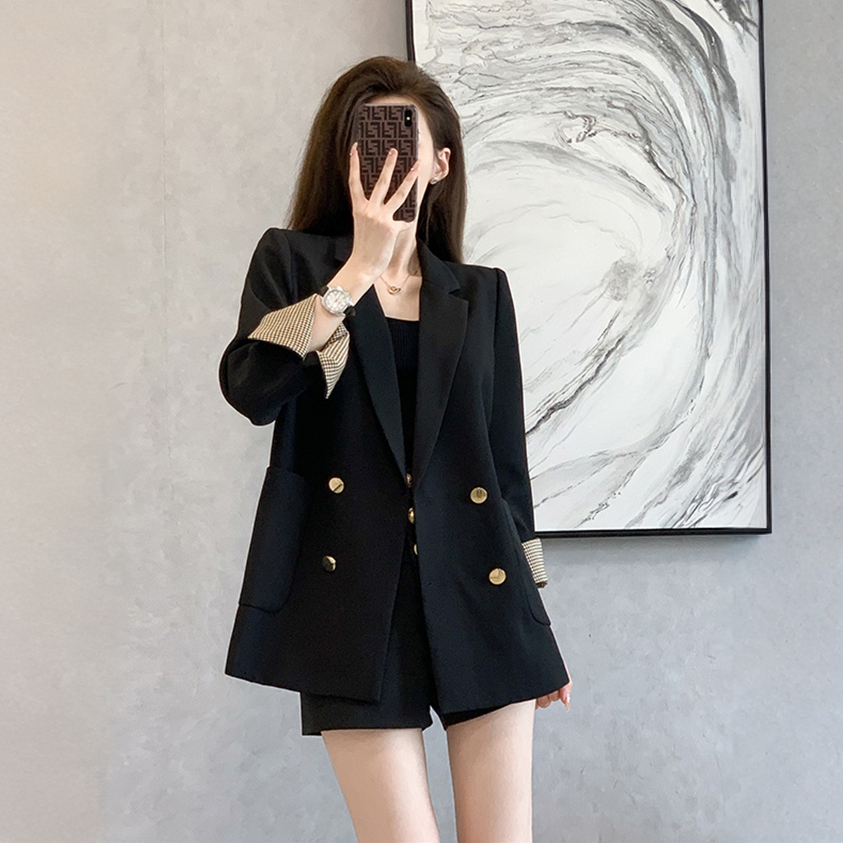 2025春秋新款法式复古英伦风宽松显瘦高端双排扣黑色翻袖西装外套