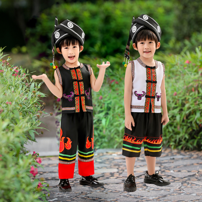 新款彝族服装男童儿童舞蹈演出服火把节四川凉山云南少数民族服装