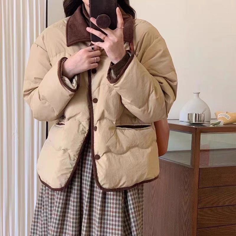 羽绒衣轻薄羽绒服女短款拼接灯芯绒小香风2023年新款冬季羽绒衣羽