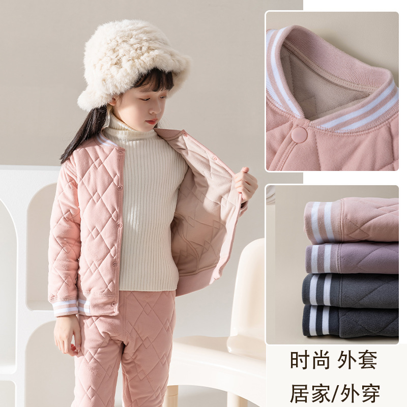 女童冬季保暖棉衣棉裤套装儿童德绒夹棉外套中大童校服神器男棉袄