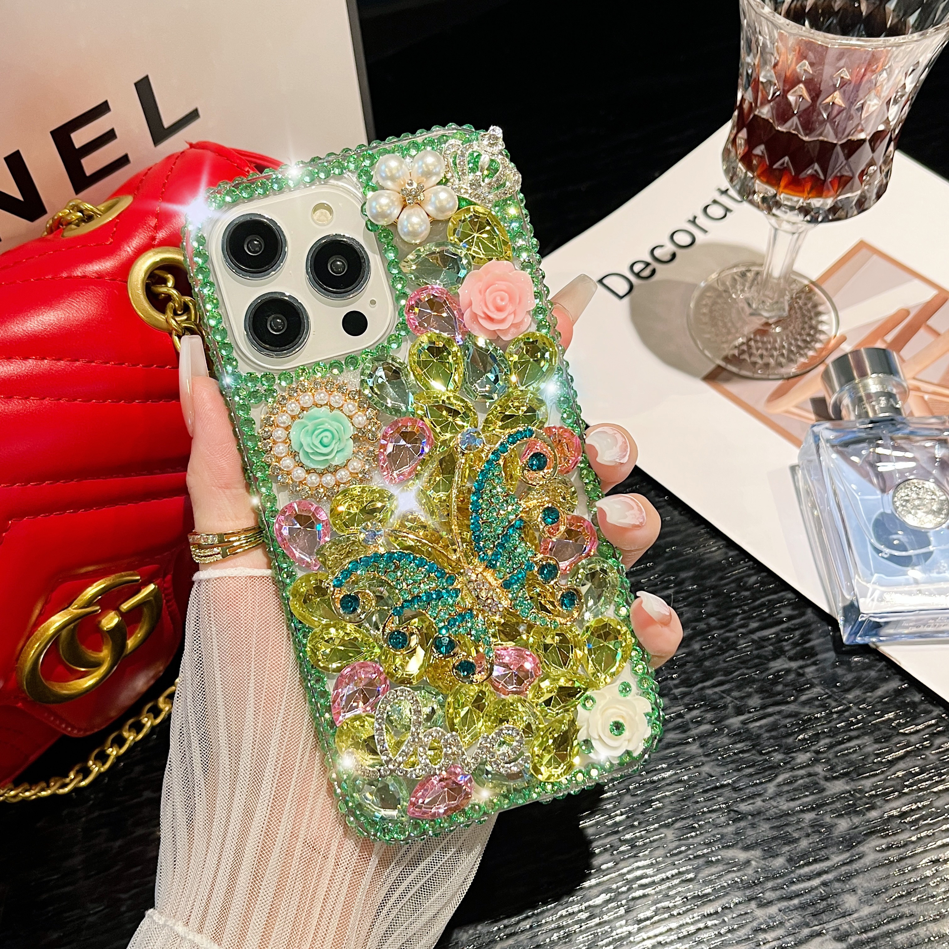 适用苹果/华为/vivo/OPPO手机壳满钻花蝴蝶奢华高级防摔创意女款