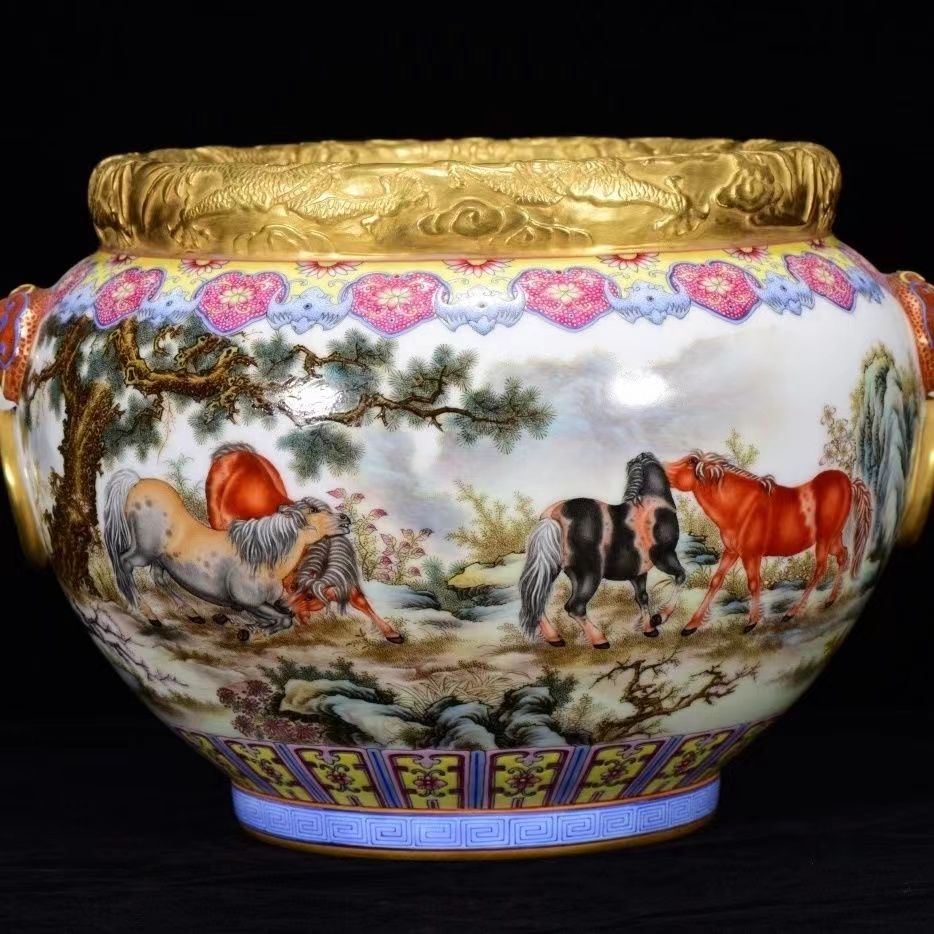 珐琅彩瓷大缸八马瓷