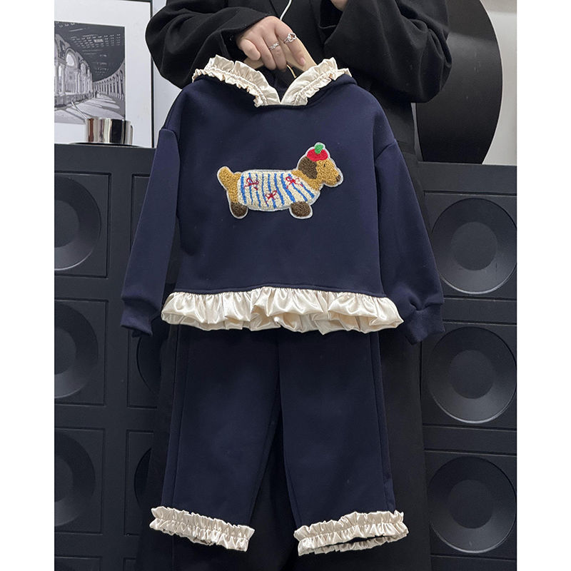 秋冬童装女童秋装洋气套装新款中小童花边长袖卫衣卫裤加绒款时尚