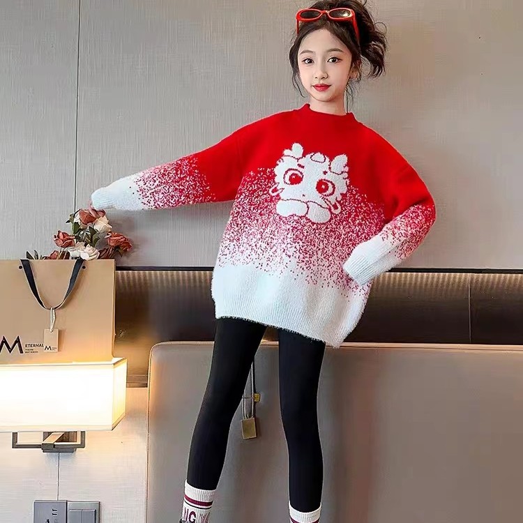 女童毛衣秋冬款2023新款大童红色过年喜庆儿童加厚打底针织拜年服