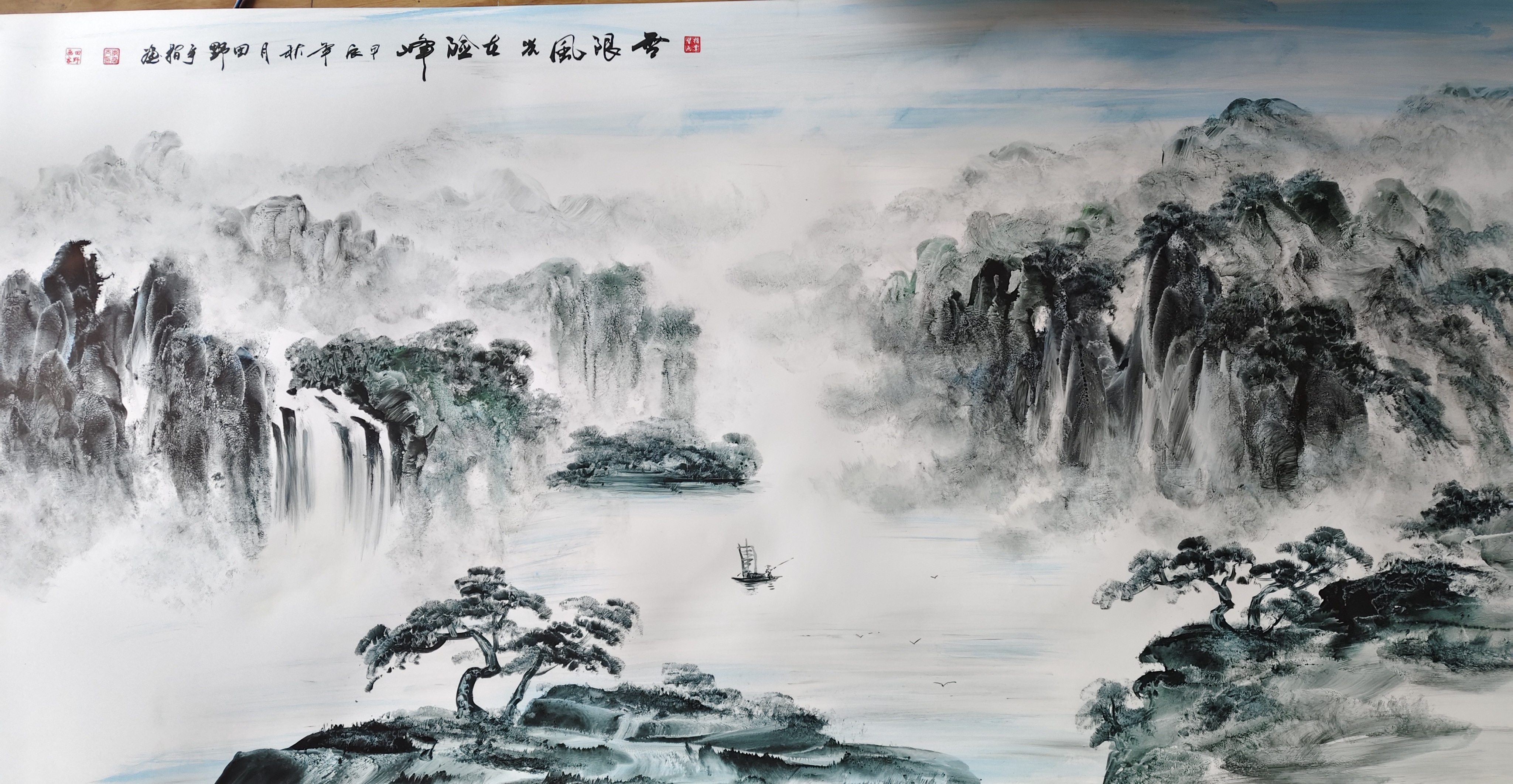 用手指手掌手臂画的山水画80*160