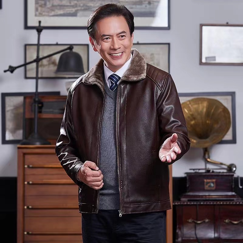 中老年爸爸款皮毛一体加绒加厚保暖皮衣外套