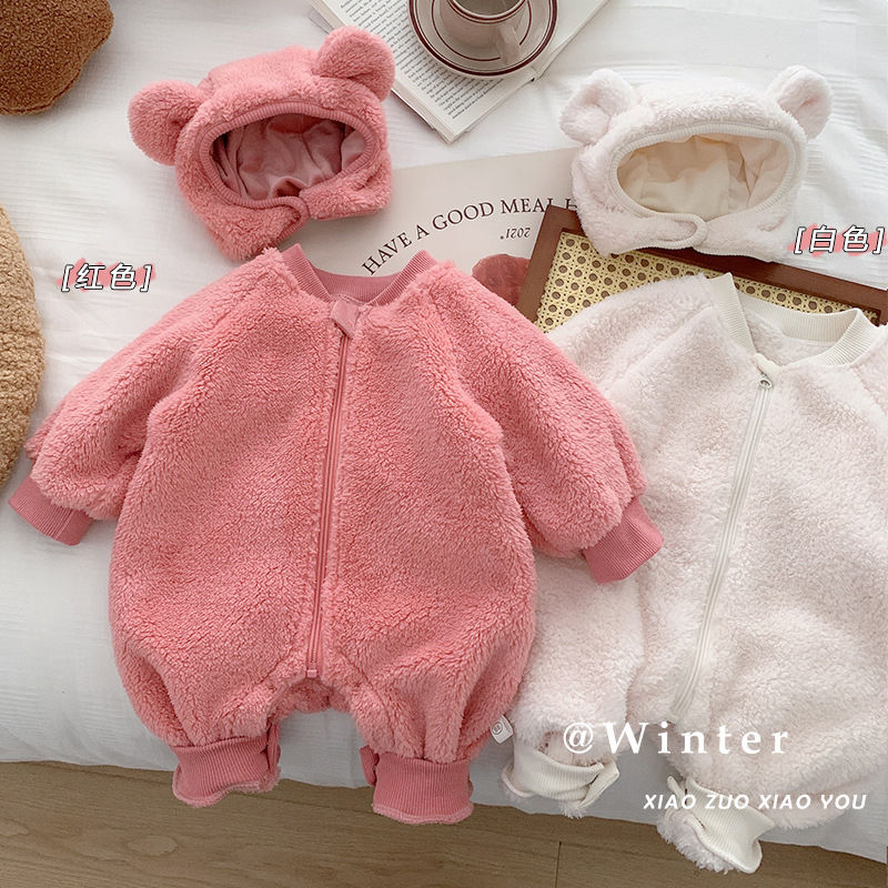 婴儿加绒连体衣0-2岁冬装男女宝宝法兰绒新生儿保暖爬服送帽子