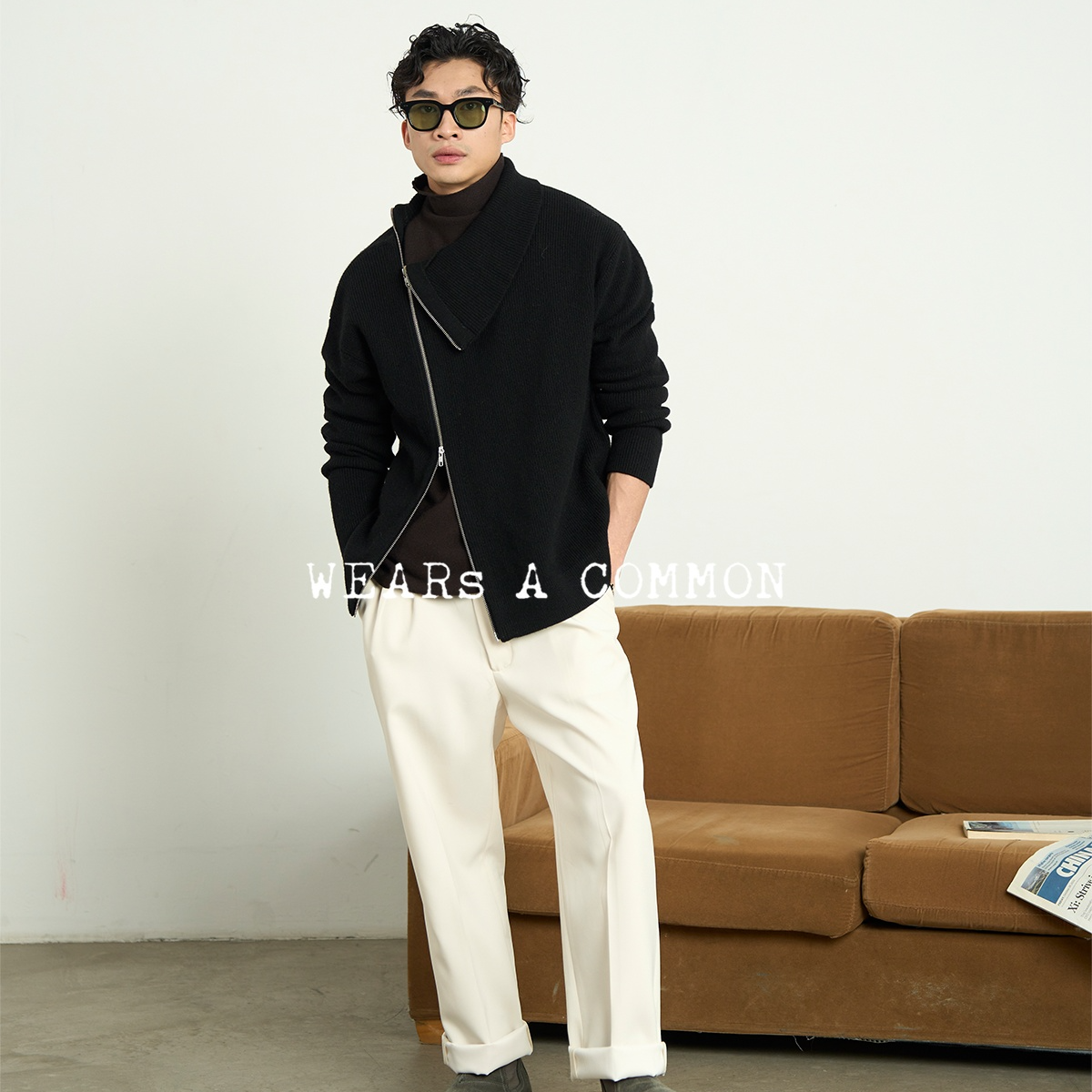 WsAC余三火雅痞vibe耗牛毛羊毛拉链斜门襟高领毛衣男解构针织衫