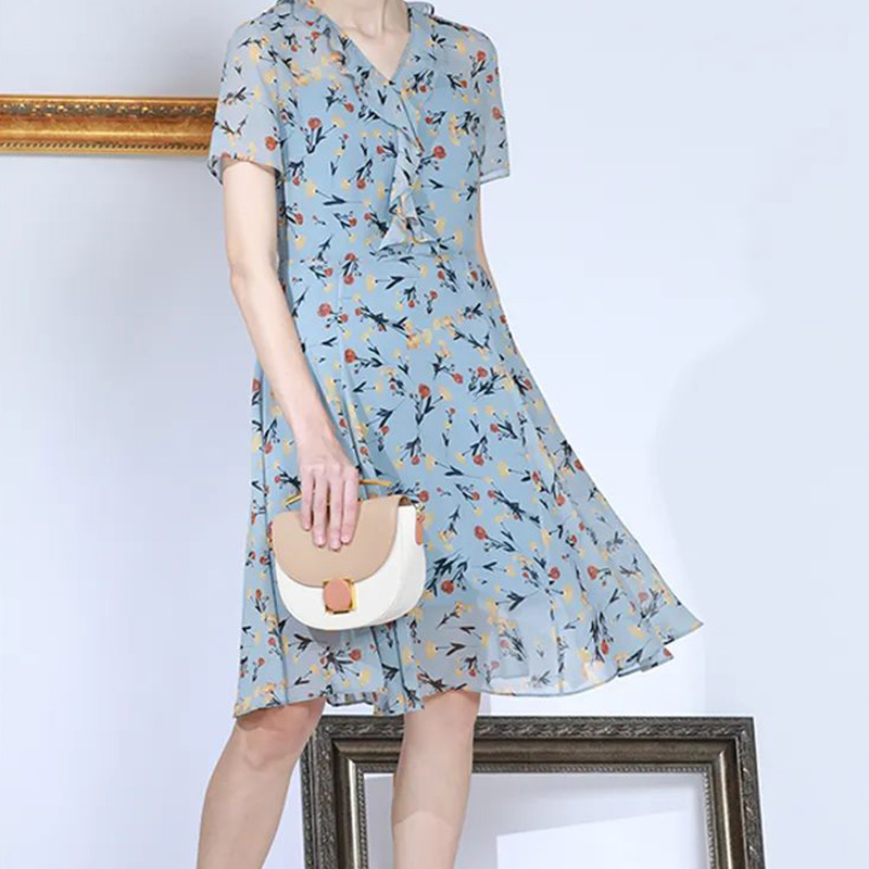 【华人某杰】品牌精选女装新款轻奢洋气百搭女蓝色花连衣裙-0050