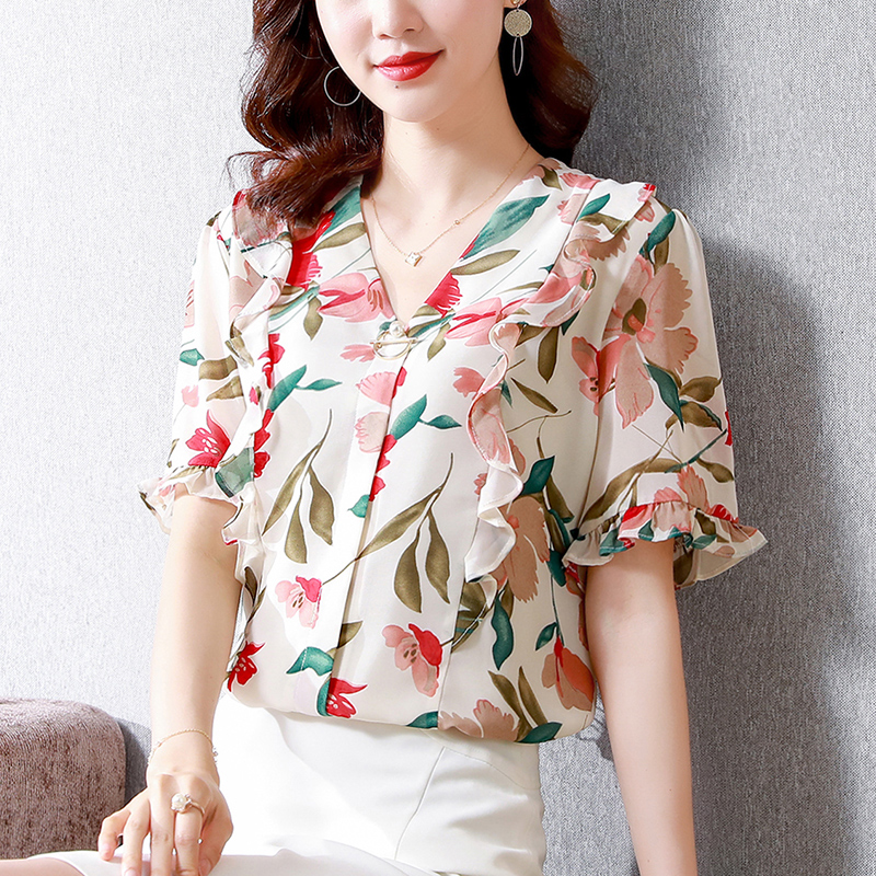 9721-时尚韩版气质V领夏装短袖印花小衫洋气百搭透气花色衬衣