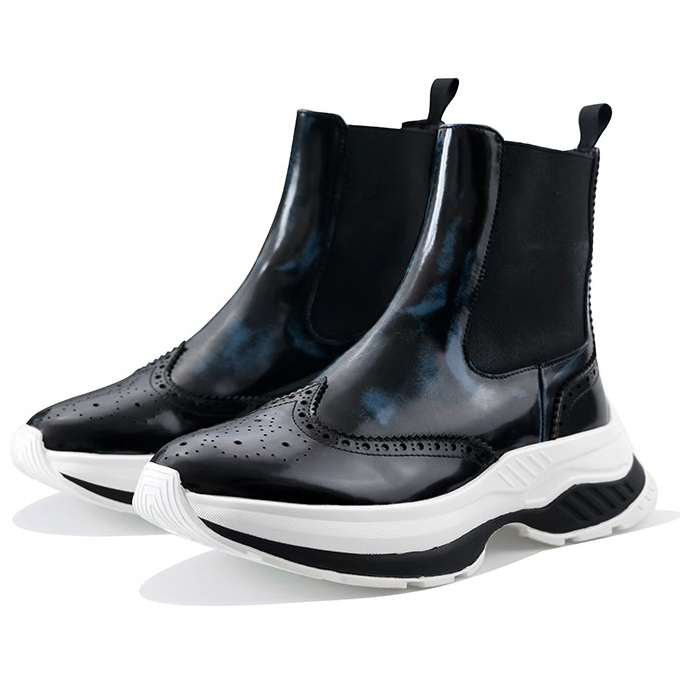 JINIWU吾倪季2025运动切尔西靴布洛克雕花厚底高帮增高擦蓝皮男靴