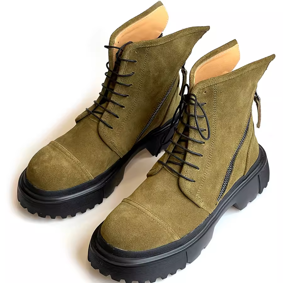 JINIWU吾倪季2025绿色马丁靴磨砂墨绿系带双拉链圆头增高厚底短靴