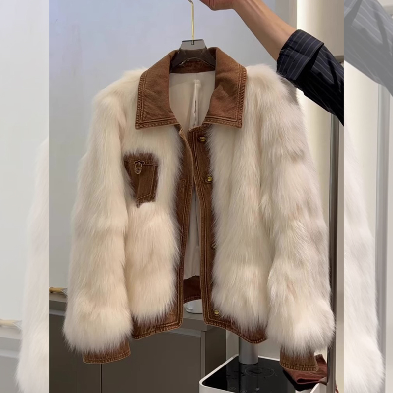 冬季小个子短款牛仔拼接环保仿狐狸毛皮草毛毛外套女2024新款爆款