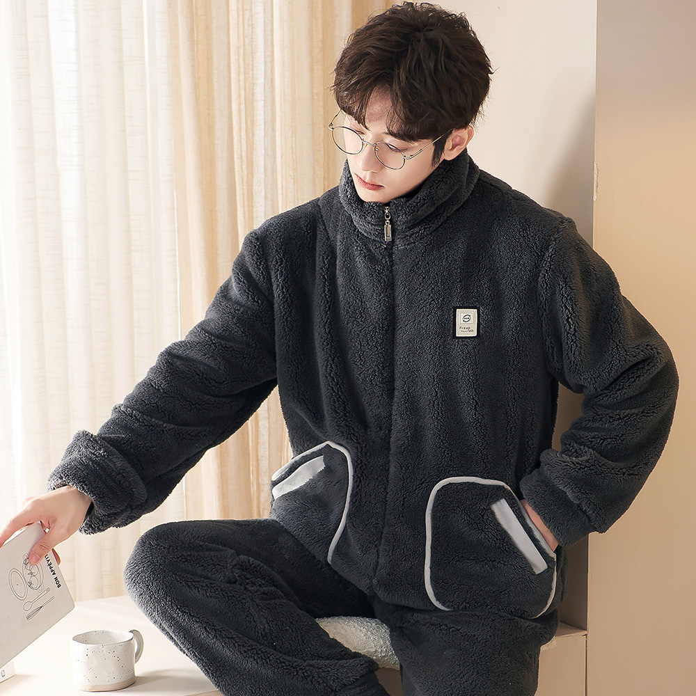 新款睡衣男秋冬加厚加绒法兰绒套装珊瑚绒家居服开衫拉链大码保暖