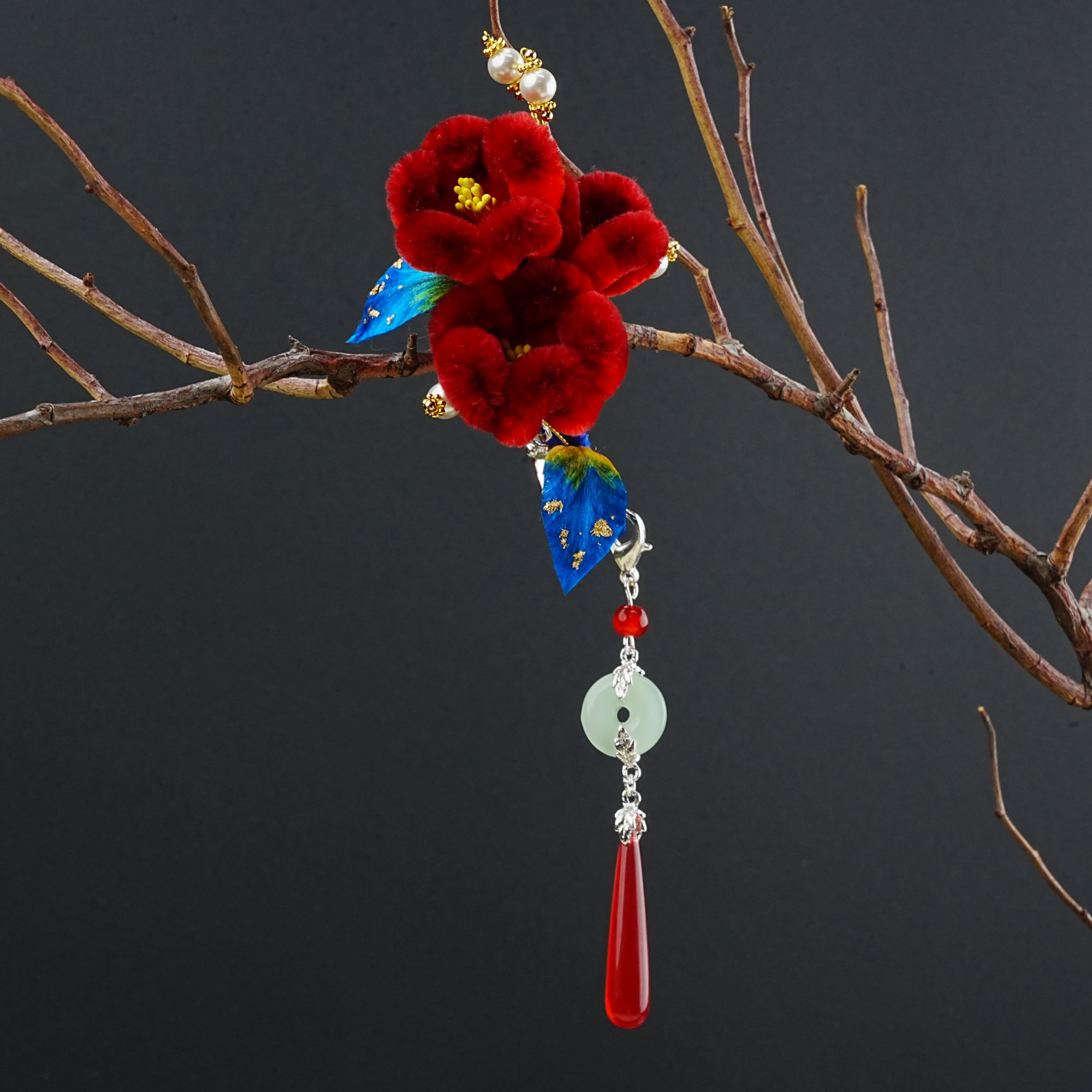 非遗绒花红色胖绒花朵发夹古风可爱日常百搭气质手工