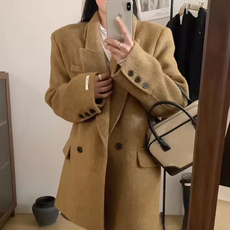 2025年新款双面羊毛大衣女加厚短款韩版宽松小西装绵羊毛呢外套女