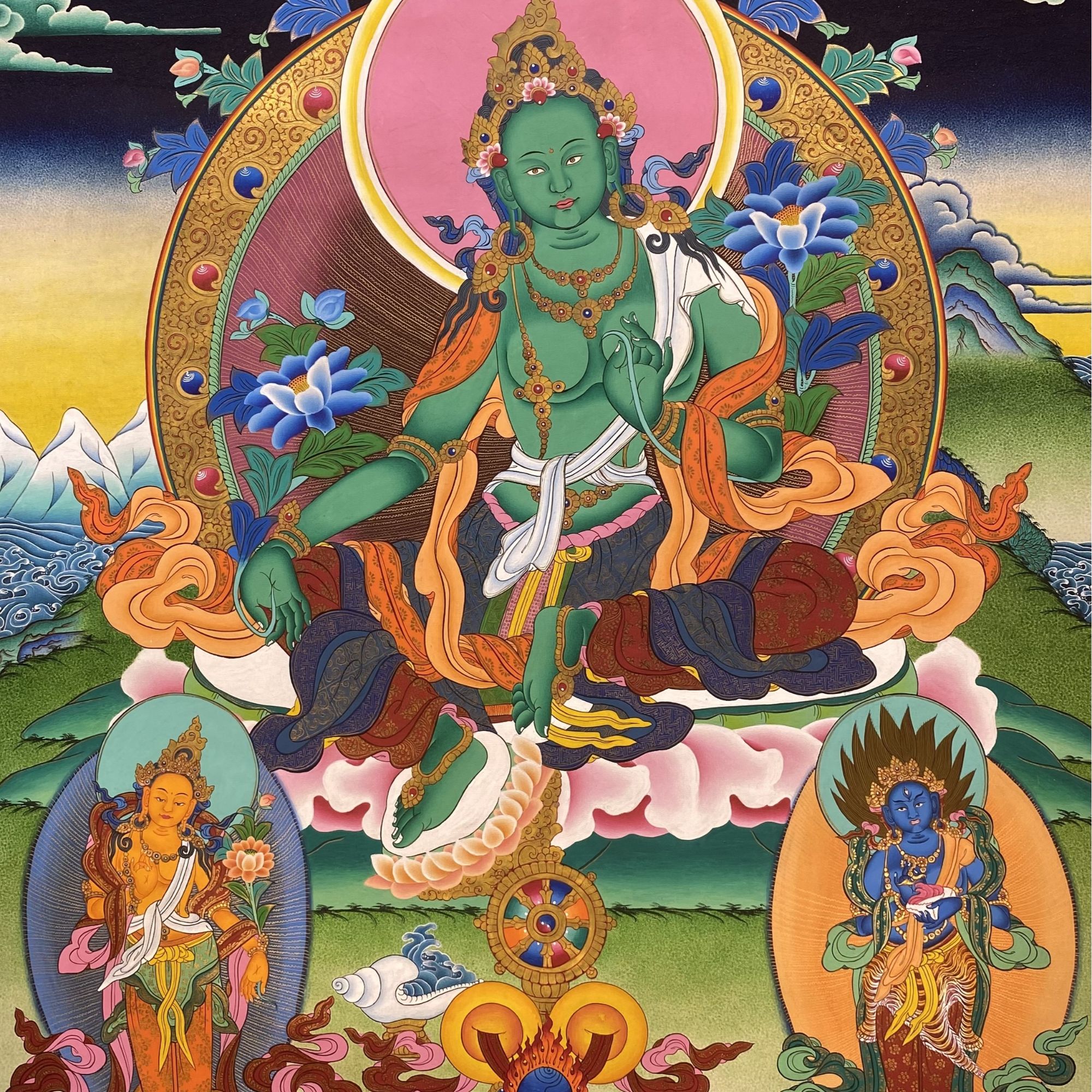 绿度母唐卡粗矿粒尼泊尔喇嘛精品手绘矿料多尊合贡80*60