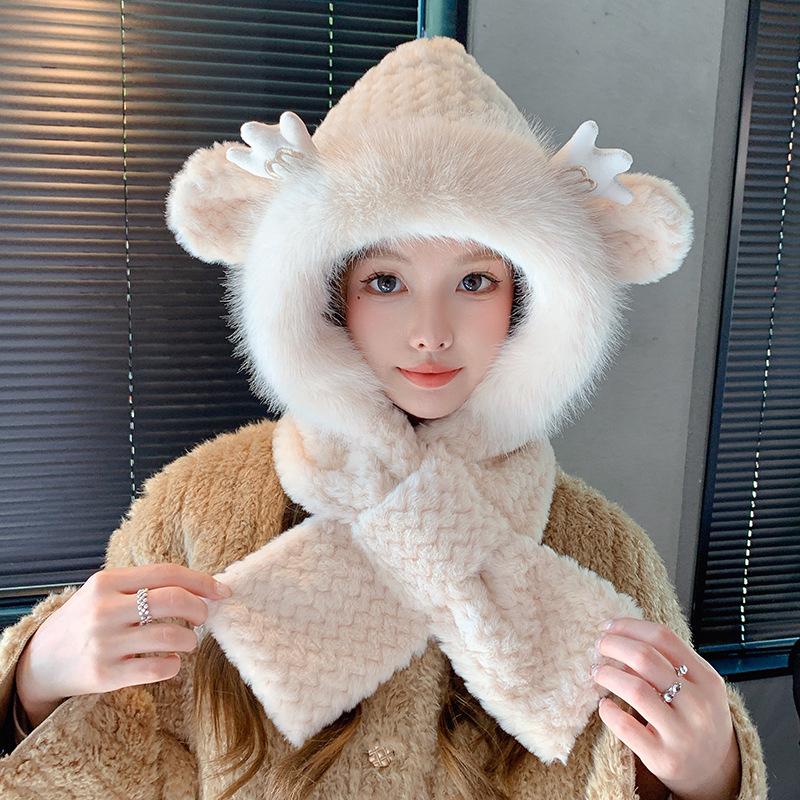 冬季百搭可爱毛绒帽子围巾冬天保暖连帽围脖手套三件套女冬护耳帽