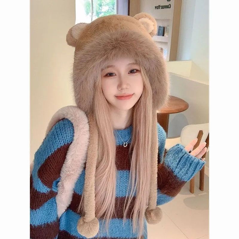 韩版可爱雷锋帽子女冬季毛绒帽子小熊耳朵加绒加厚骑行防寒护耳帽