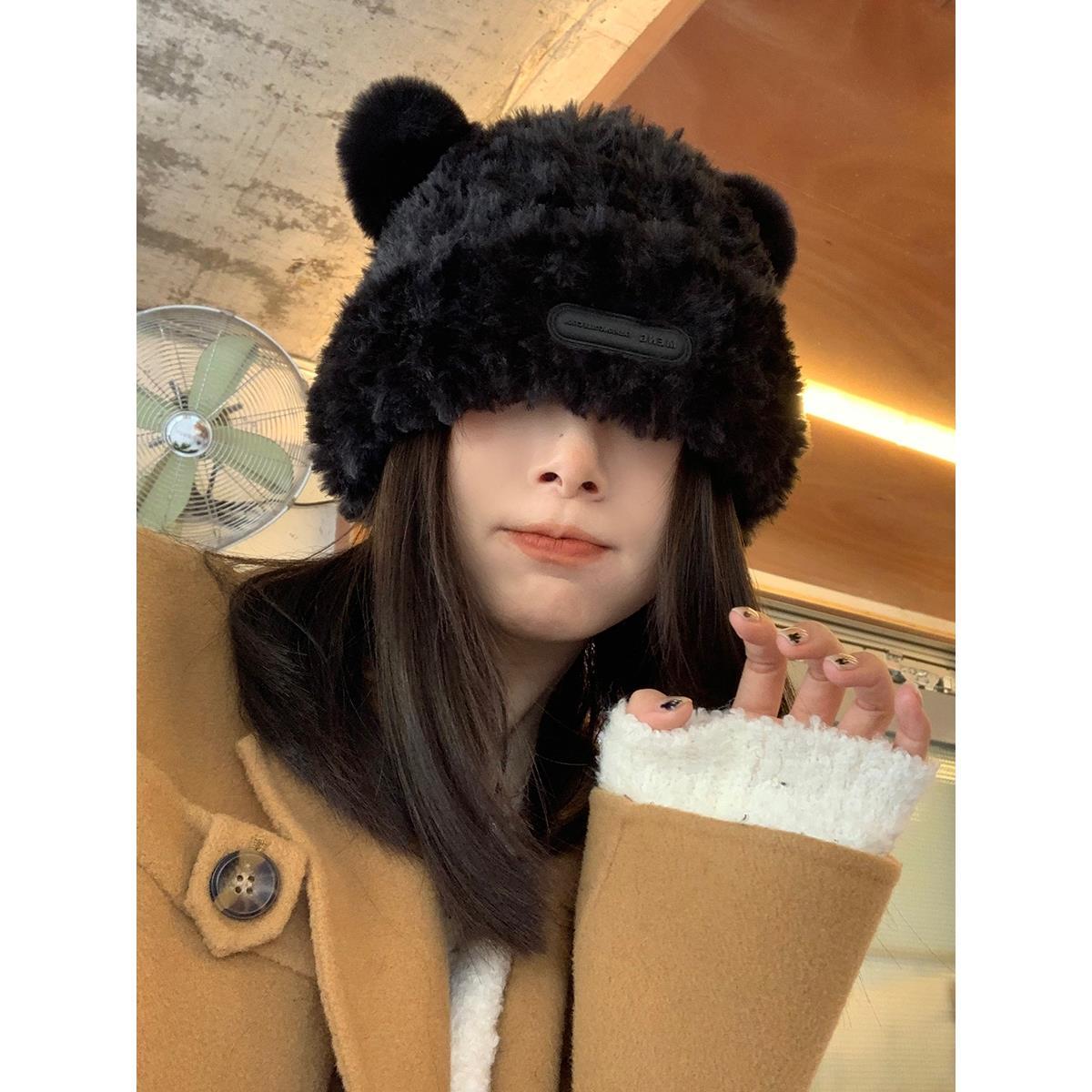 甜美可爱小熊毛绒针织帽子女秋冬季加厚保暖仿皮草套头毛线帽盆帽