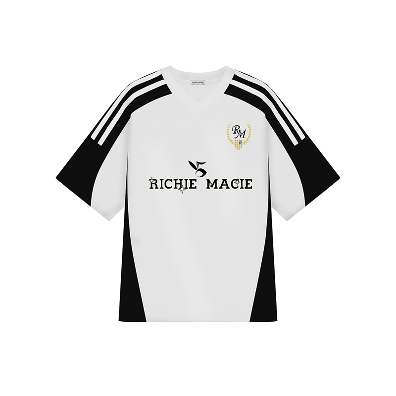 RICHIE MACIE24夏季新款V领黑白拼色印花足球服宽松短袖T恤男女款