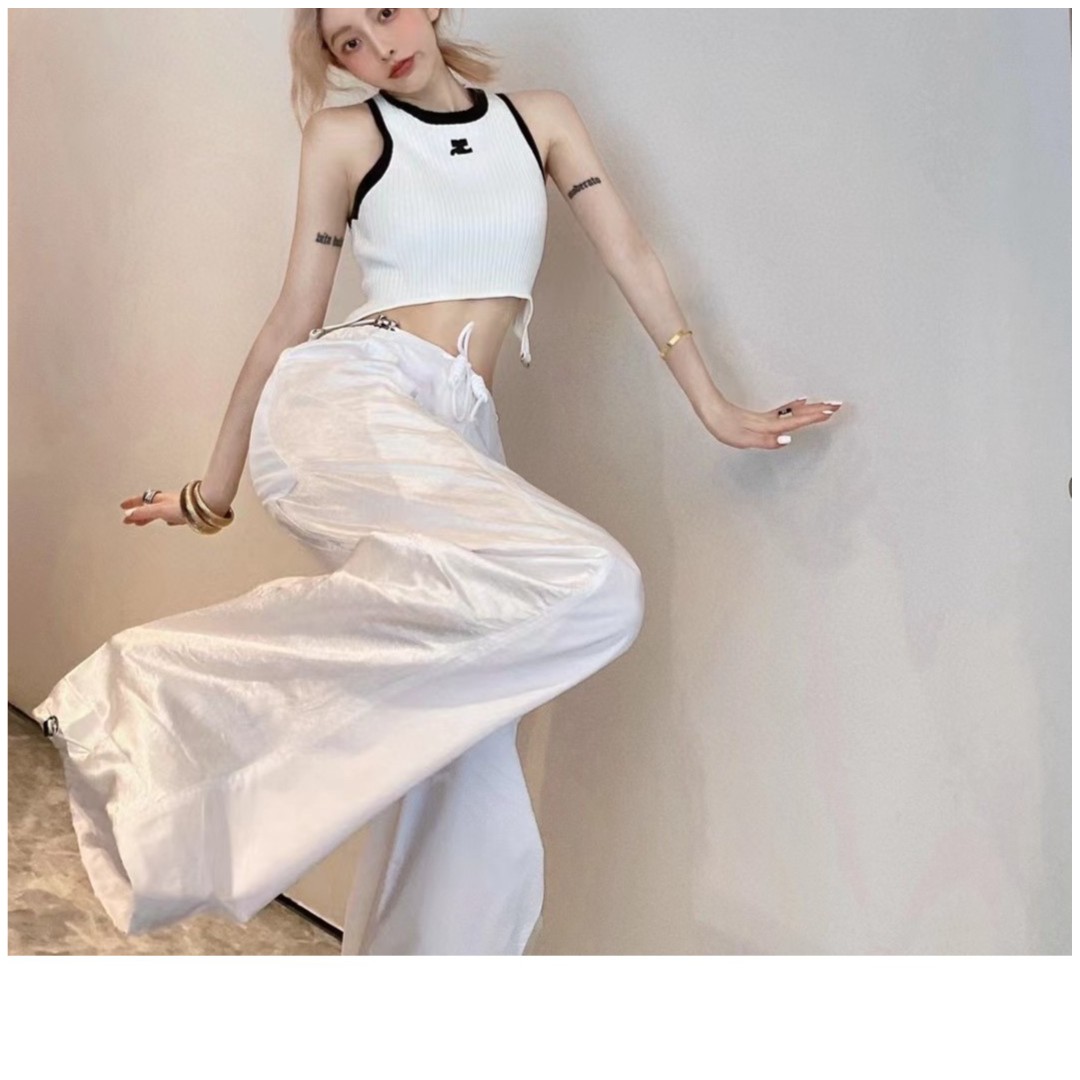 LALIN-23SS 小众设计师新款高腰夏季宽松直筒束脚裤白色运动休闲