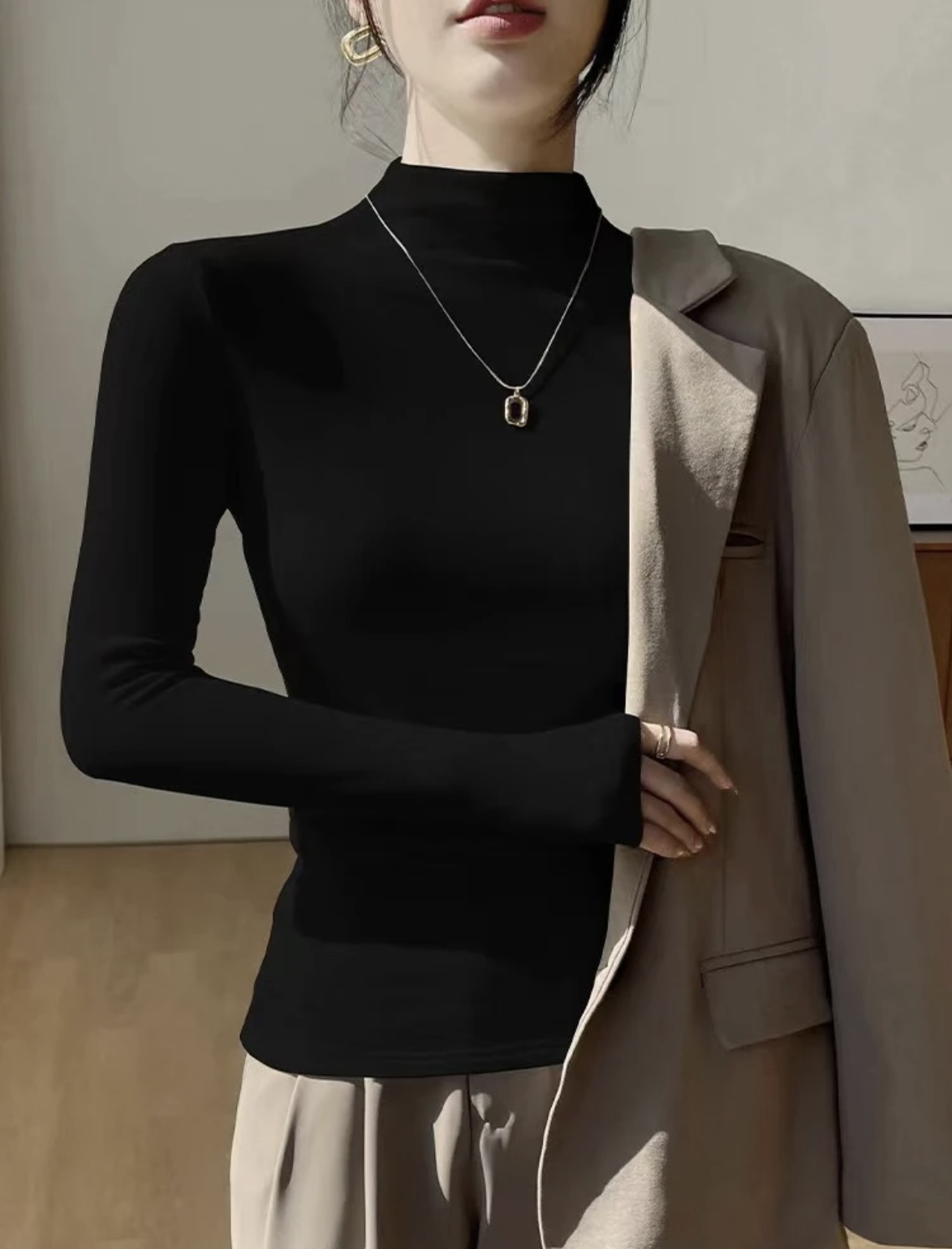 【螺纹棉半高领】秋冬磨毛绒高弹力打底衫半高领内搭长袖洋气上衣女