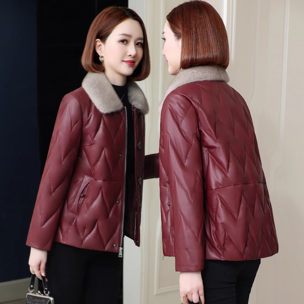 女士真皮羽绒服2025冬新款海宁皮草水貂毛领绵羊皮妈妈中长款外套