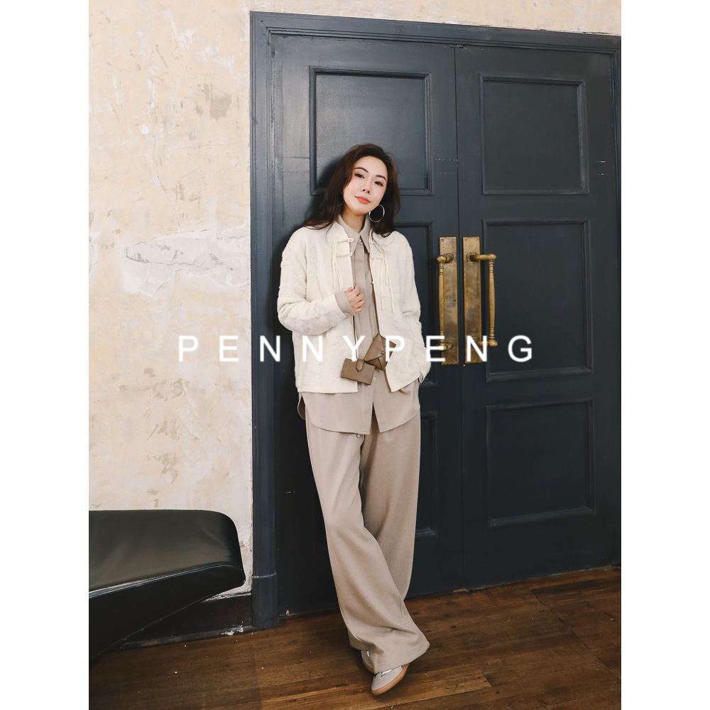 PENNY PENG南岸艺术家早秋时尚运动两色羊毛衬衫外套阔腿裤套装