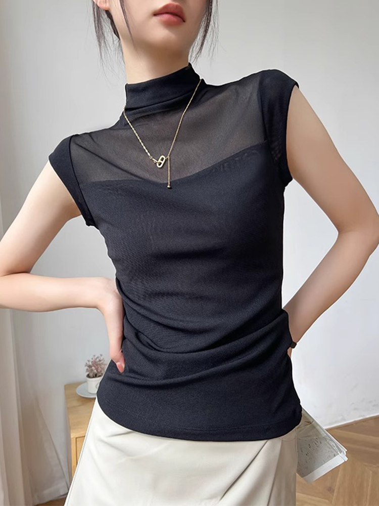 打底衫女2024新款欧货复古别致拼接透视短袖上衣夏季短款显瘦t恤