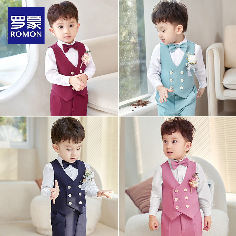 罗蒙男童宝宝马甲礼服套装稚童礼服婚礼多巴胺风格衣服儿童
