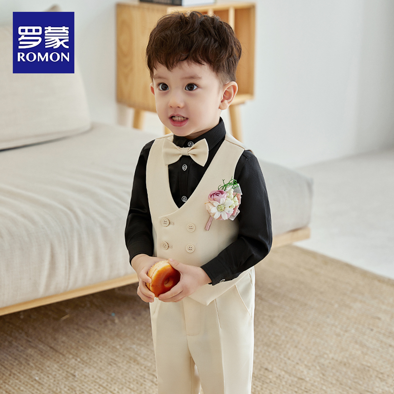 罗蒙儿童西装马甲套装稚童礼服男童西服生日小西装婚礼花童