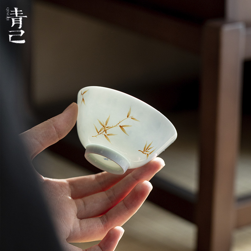 青己-薄胎-苍色竹风-书怀茶杯青花手绘釉下彩薄胎主人杯容量80ml
