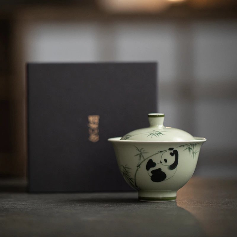 明知山志-青玉案-熊猫戏竹-惜梦盖碗泡茶碗高档复古陶瓷纯手工