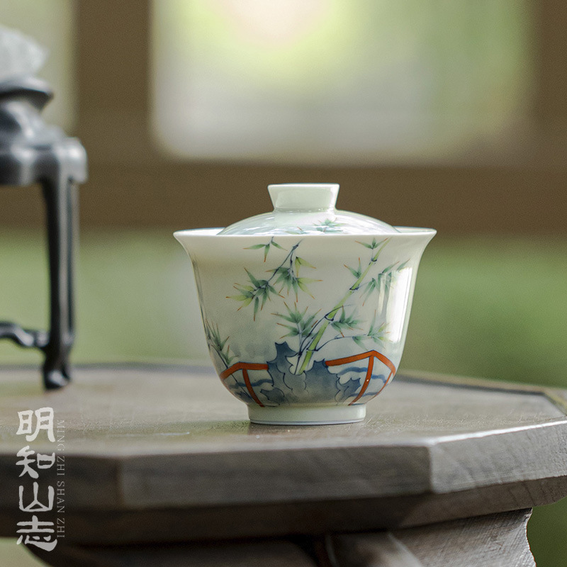 明知山志 果青庭院石竹青时盖碗手绘文人器茶碗功夫茶具陶瓷盖碗