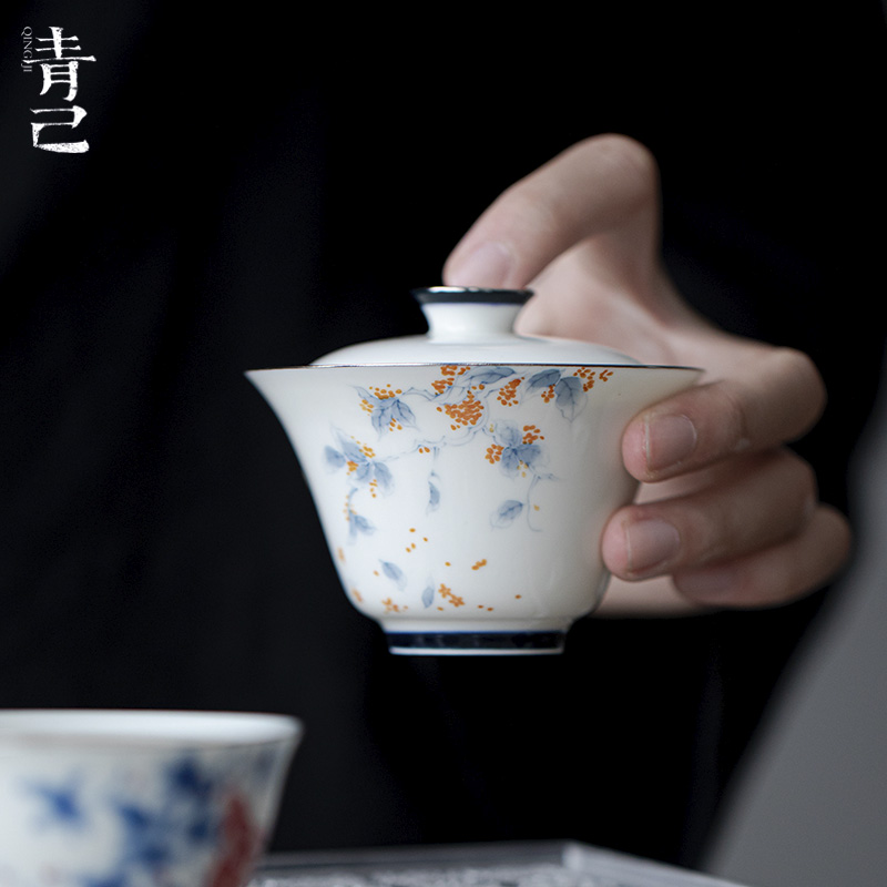 青己-玉瓷-桂香点金-凡灵盖碗青花釉下彩手绘新中式薄胎容量100ml