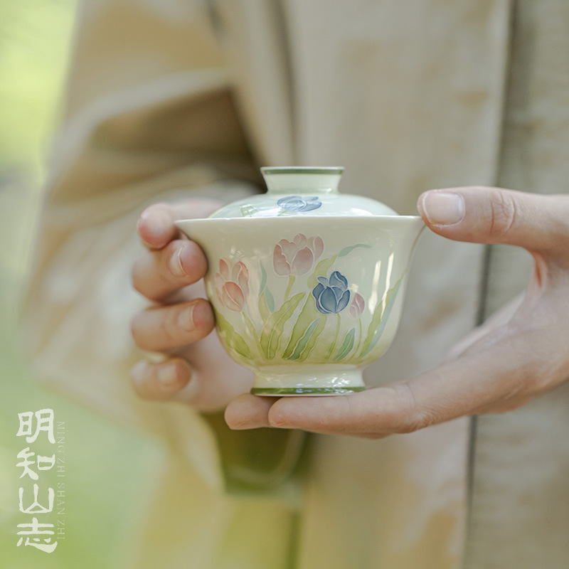 明知山志 有田烧郁金香青时盖碗 手绘堆料陶瓷泡茶碗功夫茶具茶碗