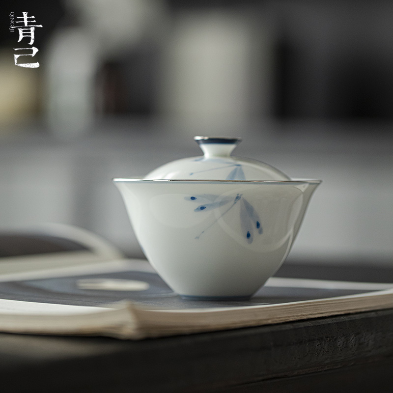 青己-玉瓷-蜻蜓-知隐盖碗中式陶瓷青花手绘釉下彩容量120ml