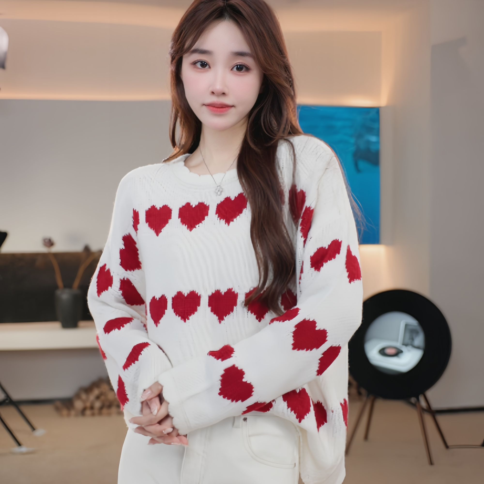 Basic House/百家好SDB25时尚蕾丝圆领秋冬爱心针织衫气质服装