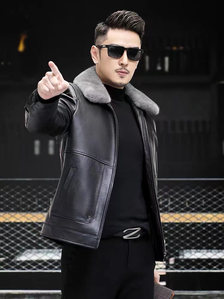 冬季新款海宁真皮皮衣男水貂内胆头层牛皮鹅绒服夹克爸爸真皮外套