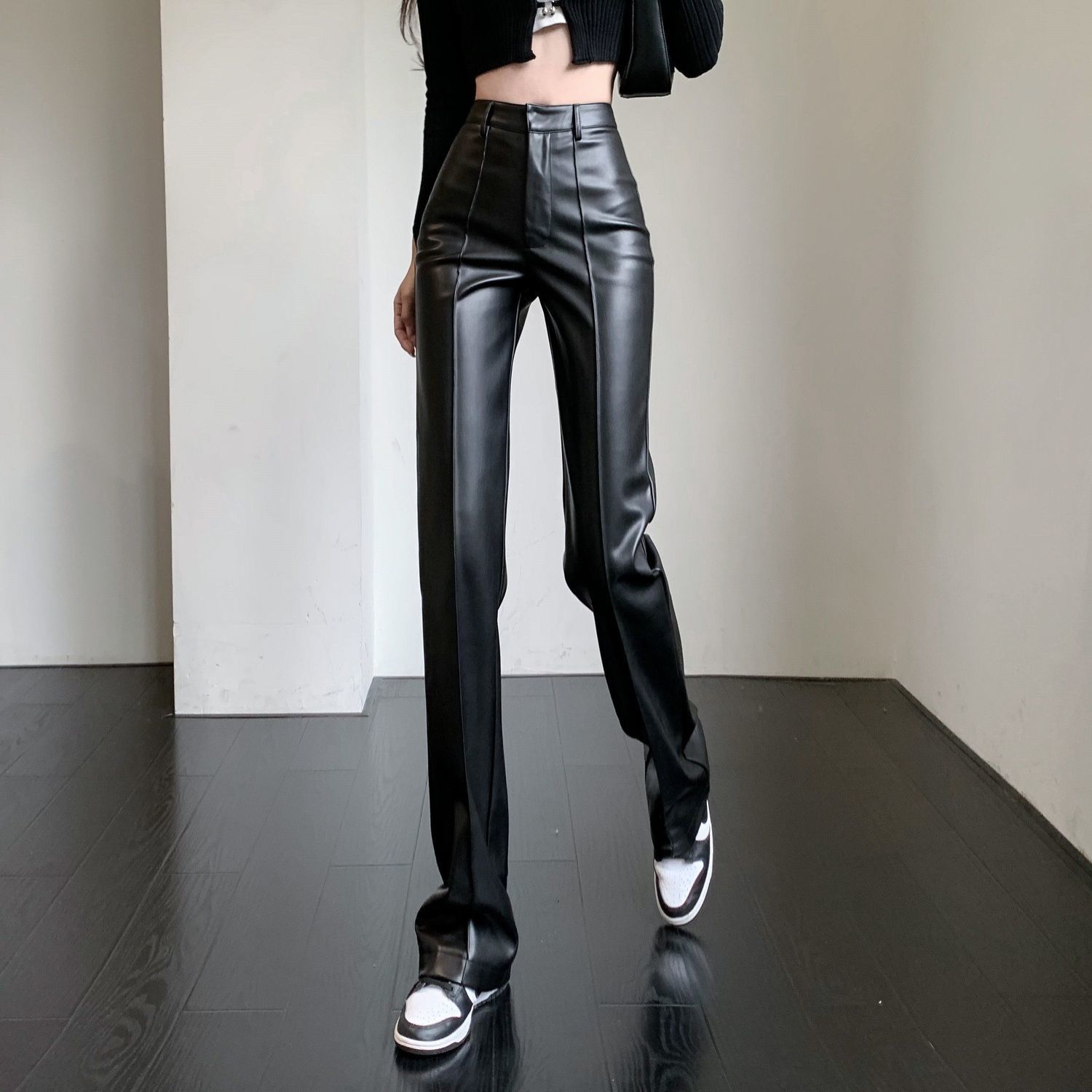 牡丹2023黑色宽松紧身微喇皮裤女感垂坠显瘦裤子休闲直筒阔腿长裤