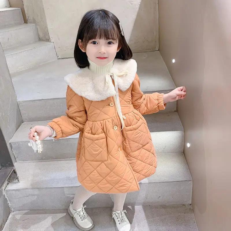 女童加棉外套2023新款秋冬棉衣连衣裙女宝宝加厚娃娃领洋气公主裙