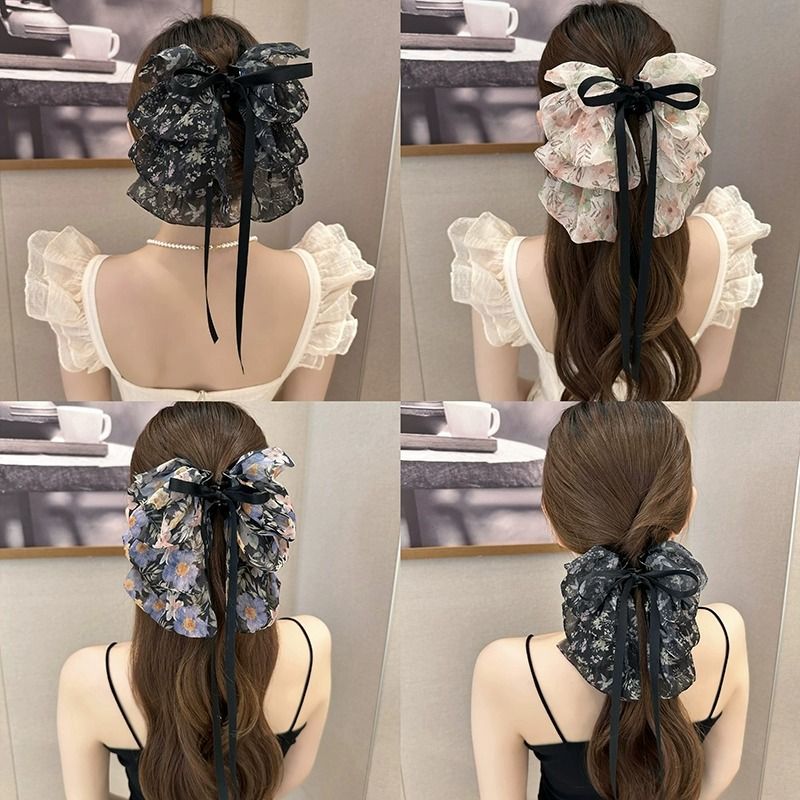 仙女气质碎花雪纺蝴蝶结飘带抓夹后脑勺盘发半扎马尾发卡优雅发夹